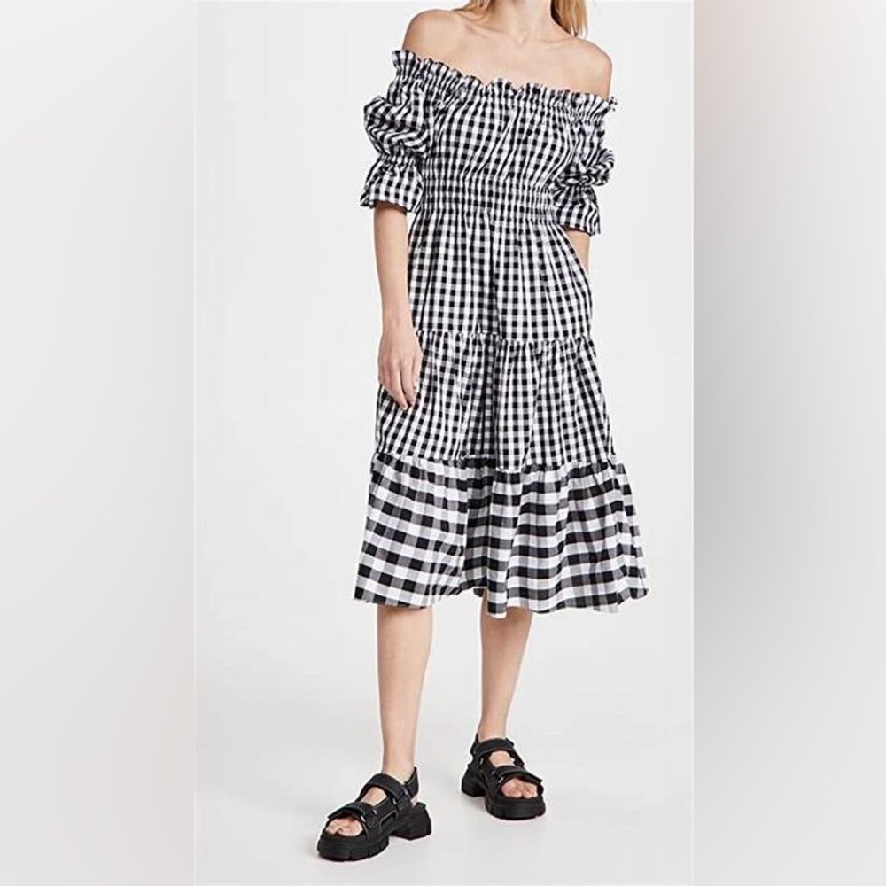 KITRI from Shopbop off-the-shoulder, black + white, gingham, tiered midi-dress.